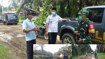 Camat Rantau Rasau, Budi Wahyu Bersama Babinsa Saat Meninjau Peningkatan Jalan di SK 8 Kelurahan Bandar Jaya. SELOKO.ID/Istimewa.